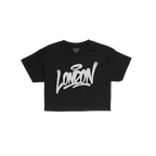 London Handstyle Women's Baby Tee in black, featuring bold white graffiti-style London script across the chest. Brand name St