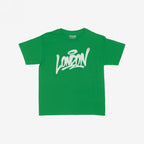 Bright green London Handstyle Women's Baby Tee features bold white graffiti-style script with a halo, embodying the store's commitment to equality and support for all communities. Brand name “STRANGE ALLIES” visible inside collar.