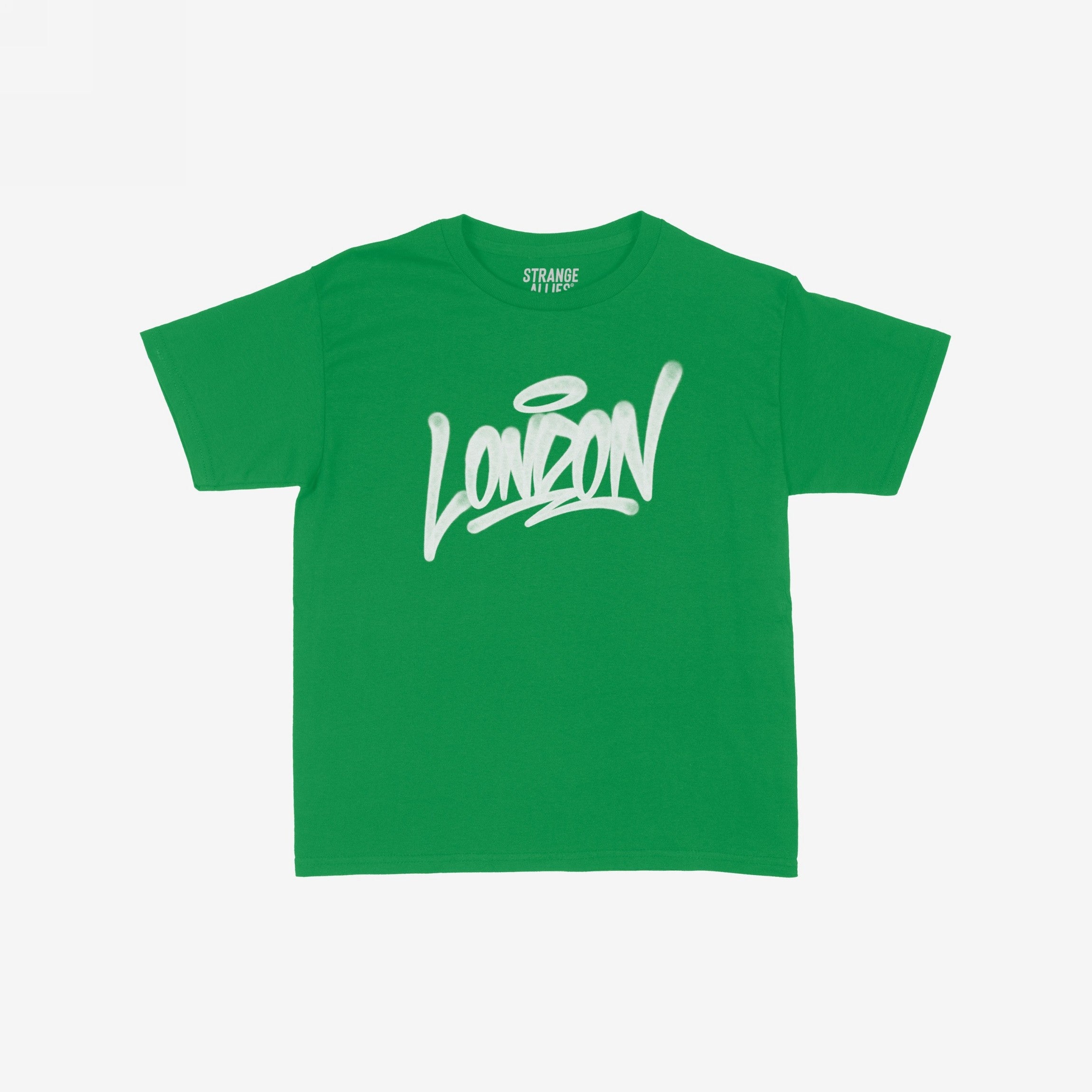 Bright green London Handstyle Women's Baby Tee features bold white graffiti-style script with a halo, embodying the store's commitment to equality and support for all communities. Brand name “STRANGE ALLIES” visible inside collar.