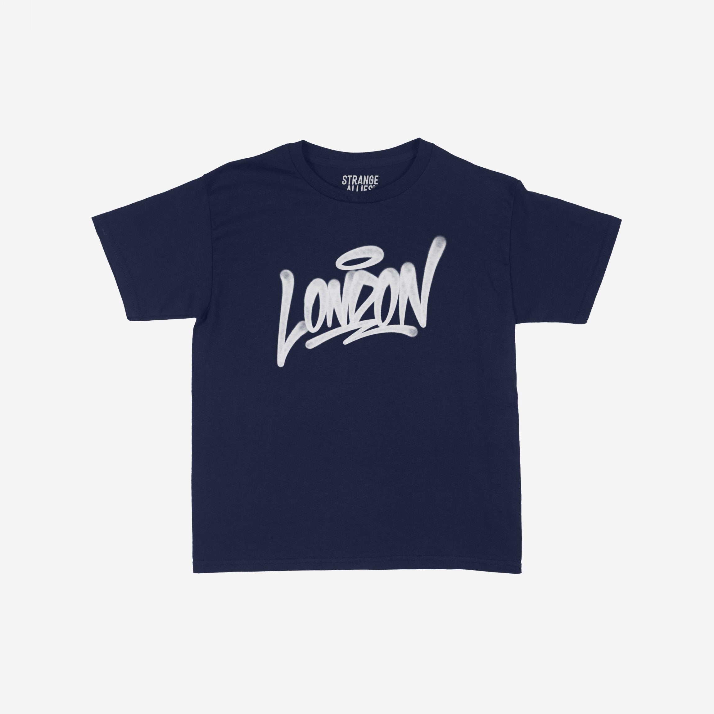 Navy-blue London Handstyle Women's Baby Tee with white graffiti print London on chest, by Strange Allies. Features a retro Y2K design, ideal for expressing individuality and supporting equality.