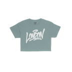 Navy-blue London Handstyle Women's Baby Tee with white graffiti print London on chest, by Strange Allies. Features a retro Y2