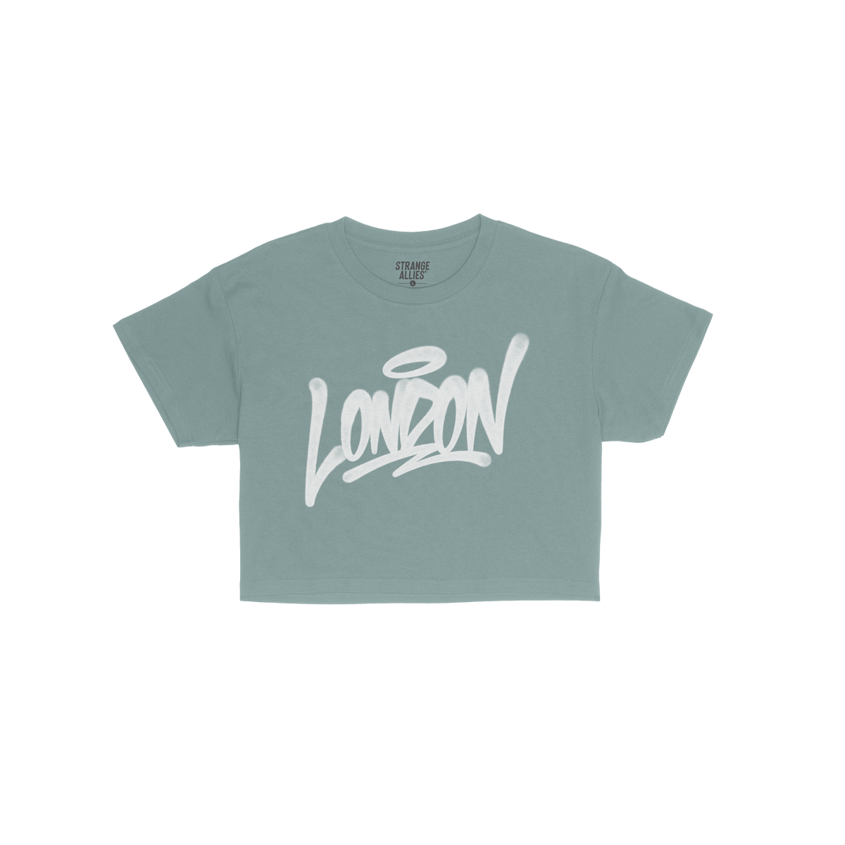 Navy-blue London Handstyle Women's Baby Tee with white graffiti print London on chest, by Strange Allies. Features a retro Y2