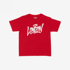 Bright red London Handstyle Women's Baby Tee featuring a white graffiti-style London with a halo over the o, against a white background. Ideal for a standout, retro Y2K street look.