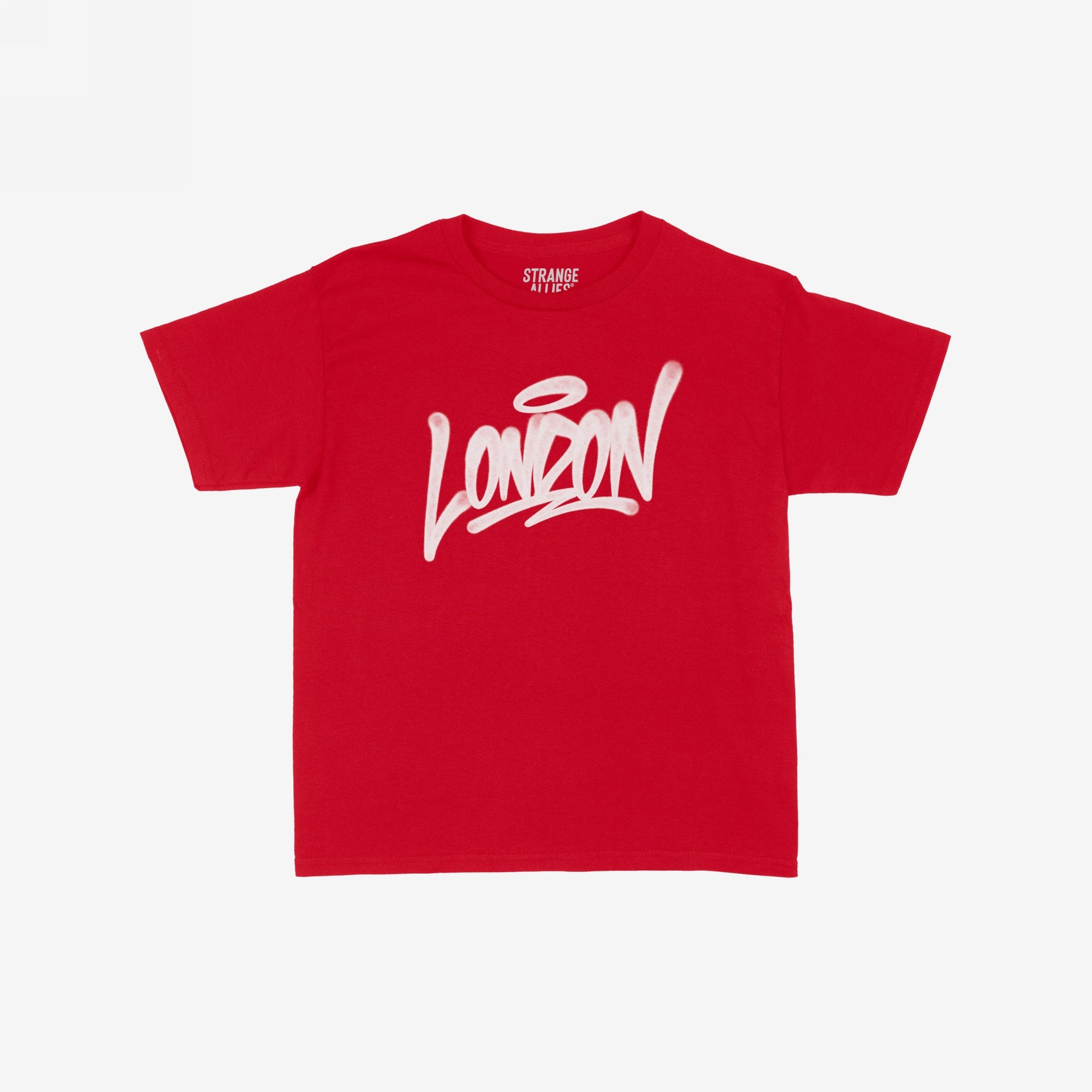 Bright red London Handstyle Women's Baby Tee featuring a white graffiti-style London with a halo over the o, against a white background. Ideal for a standout, retro Y2K street look.