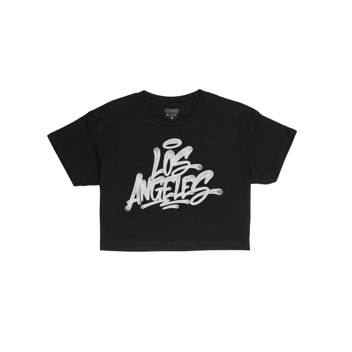 Los Angeles Handstyle Women's Baby Tee, black with white graffiti-style Los Angeles and halo graphic, laid flat. Features STR