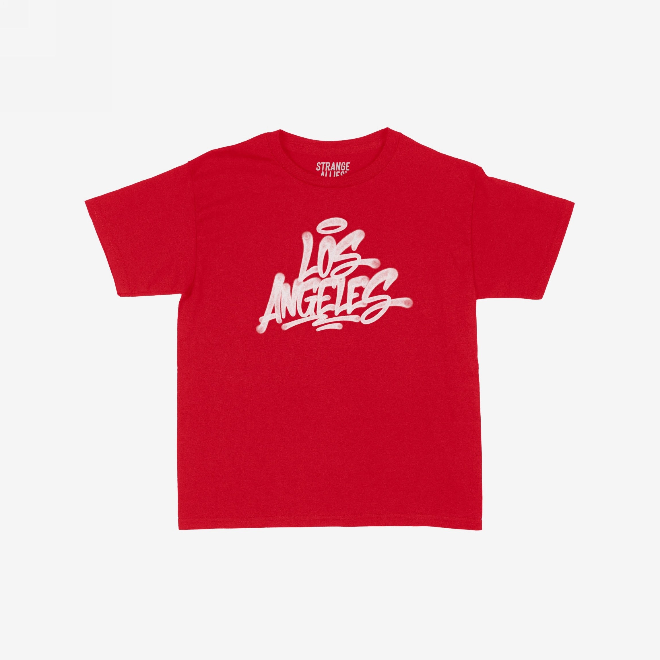 Los Angeles Handstyle Women's Baby Tee features a bold white graffiti-style Los Angeles graphic across the chest with a halo, embodying a retro Y2K vibe. Small STRANGE ALLIES text appears at the back.