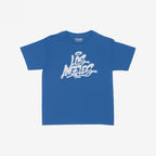 Royal-blue crew-neck T-shirt, Los Angeles in white graffiti script on front. Inside neck label reads “STRANGE ALLIES.” This Los Angeles Handstyle Women's Baby Tee showcases bold, retro Y2K style.
