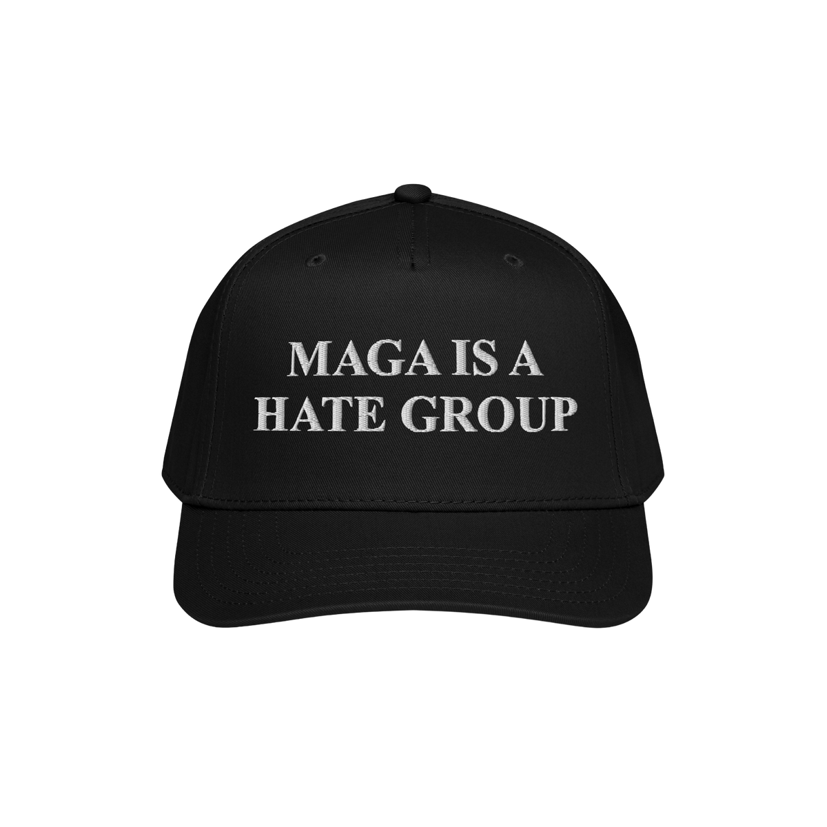 Black MAGA Is A Hate Group Hat with white embroidered lettering, designed for progressives and equality supporters. Ideal for