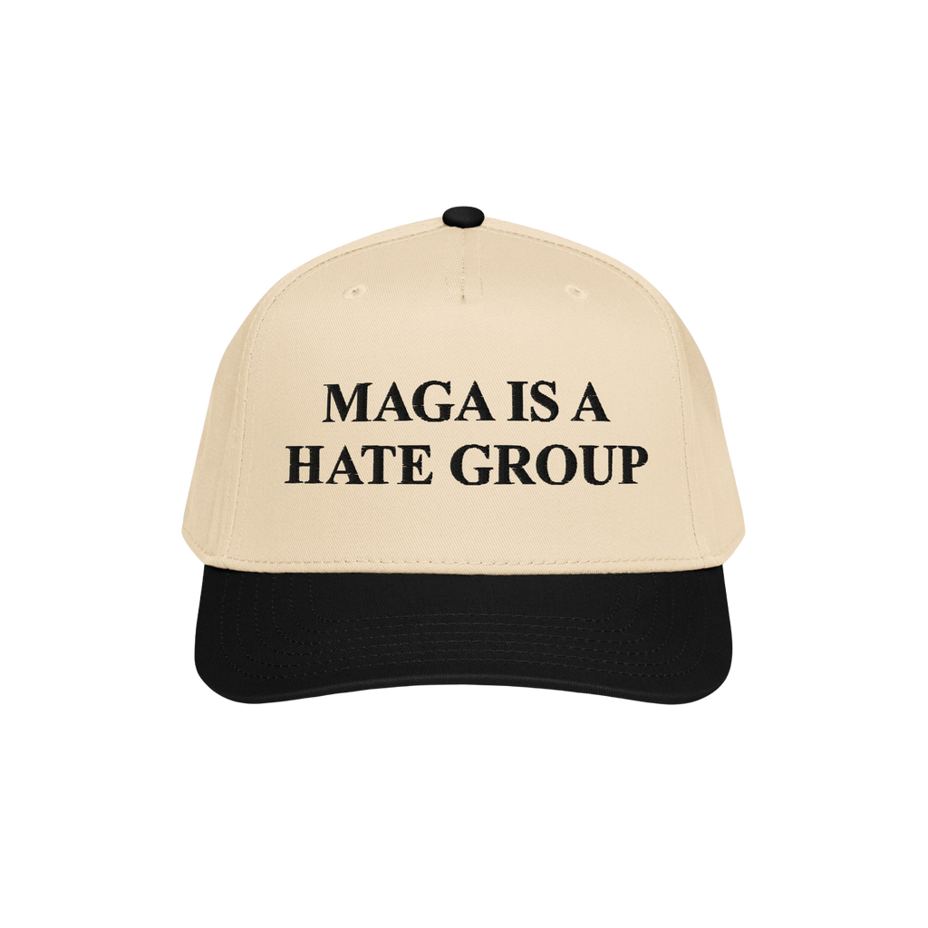 Two-tone baseball cap with MAGA Is A Hate Group embroidered, reflecting progressive, anti-fascist values. Ideal for protests 