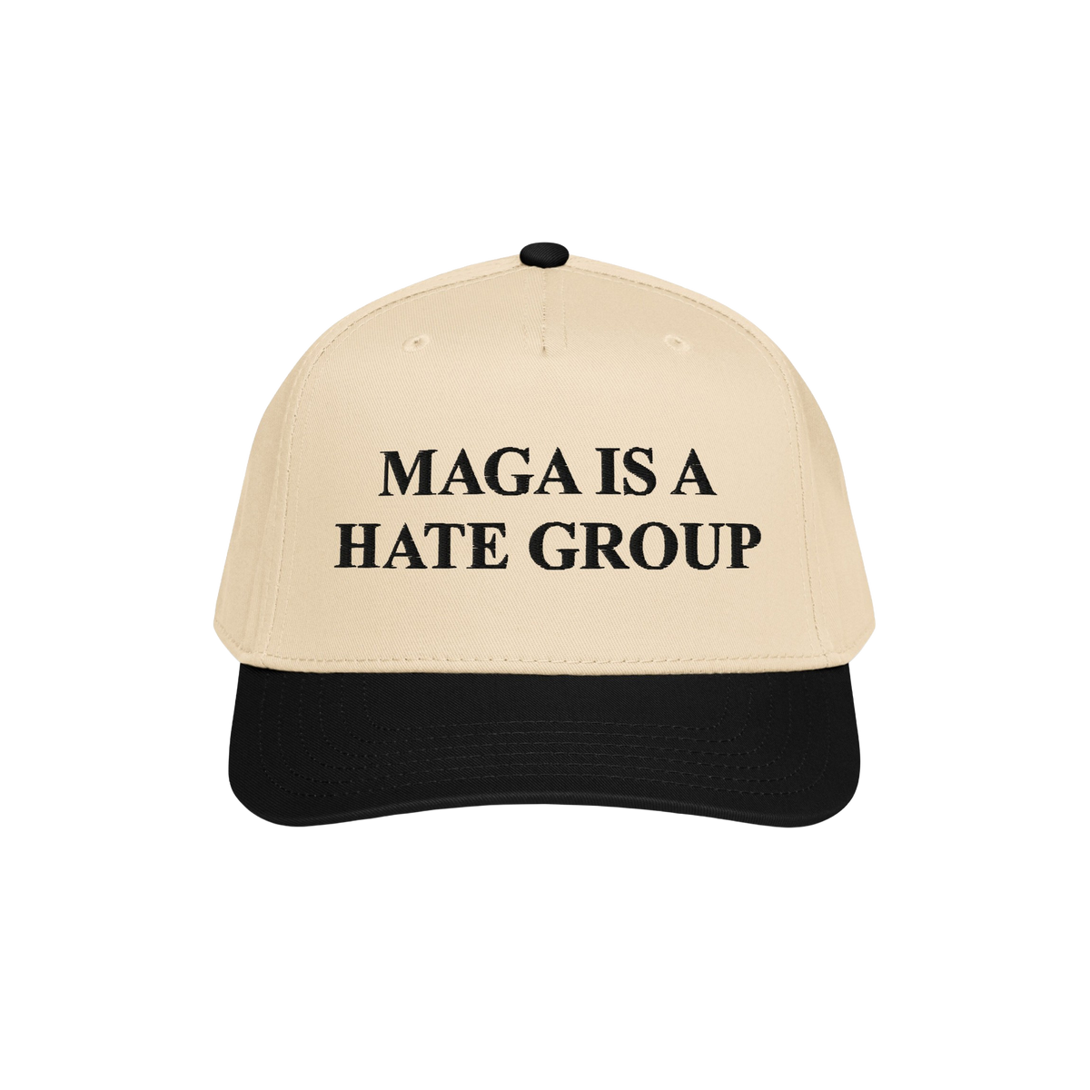 Two-tone baseball cap with MAGA Is A Hate Group embroidered, reflecting progressive, anti-fascist values. Ideal for protests 