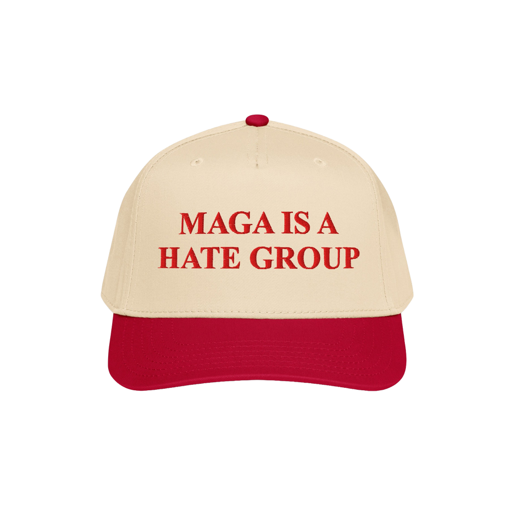 Two-tone MAGA Is A Hate Group hat with a red brim and light tan crown, featuring bold red embroidery, catering to progressive