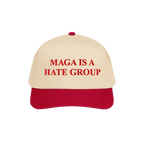 Two-tone MAGA Is A Hate Group hat with a red brim and light tan crown, featuring bold red embroidery, catering to progressive
