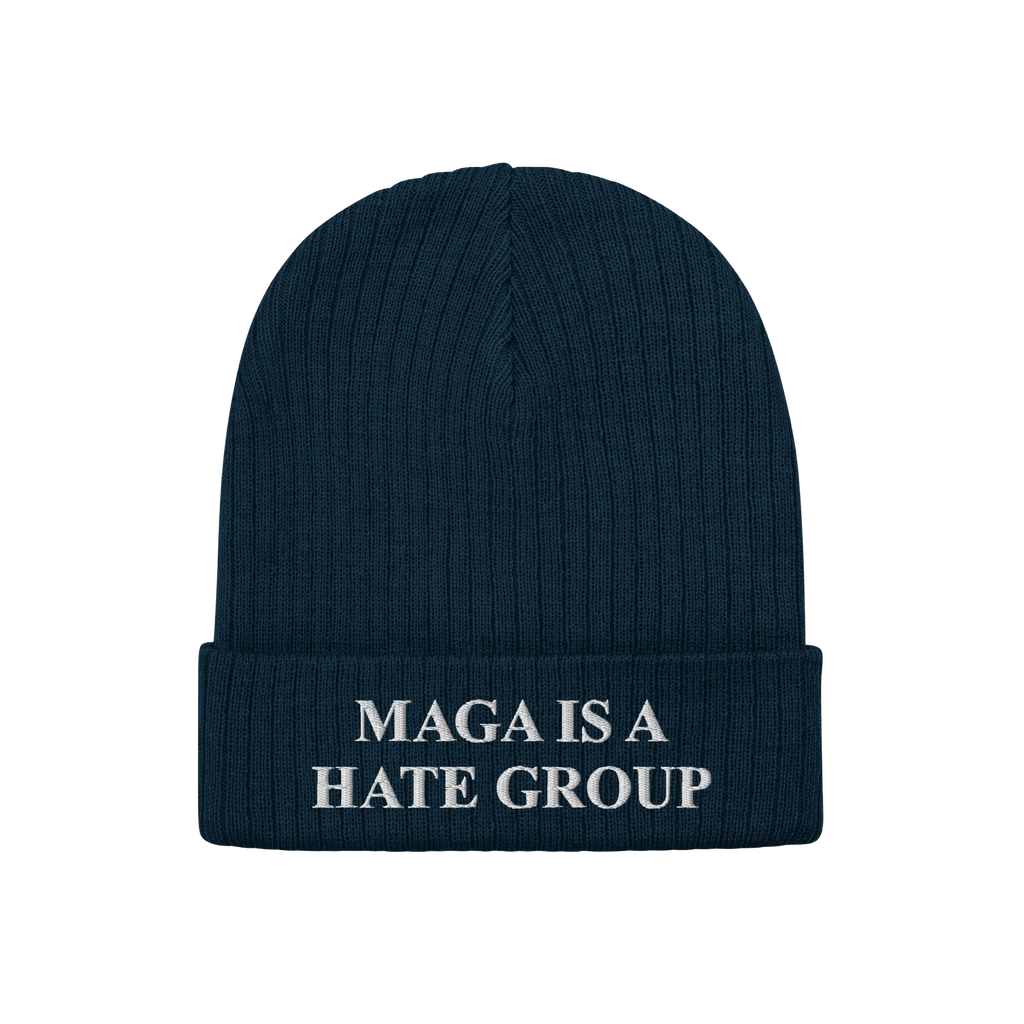 Navy-blue knit beanie with folded cuff, embroidered with MAGA Is A Hate Group in white, symbolizing progressive resistance an