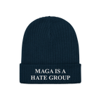 Navy-blue knit beanie with folded cuff, embroidered with MAGA Is A Hate Group in white, symbolizing progressive resistance an
