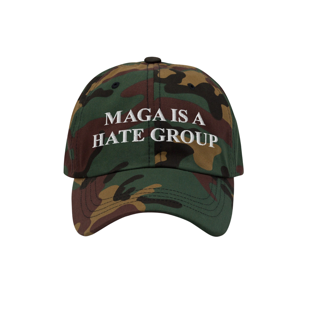 Camouflage-patterned baseball cap with MAGA IS A HATE GROUP in white embroidery, representing progressive activism and anti-f