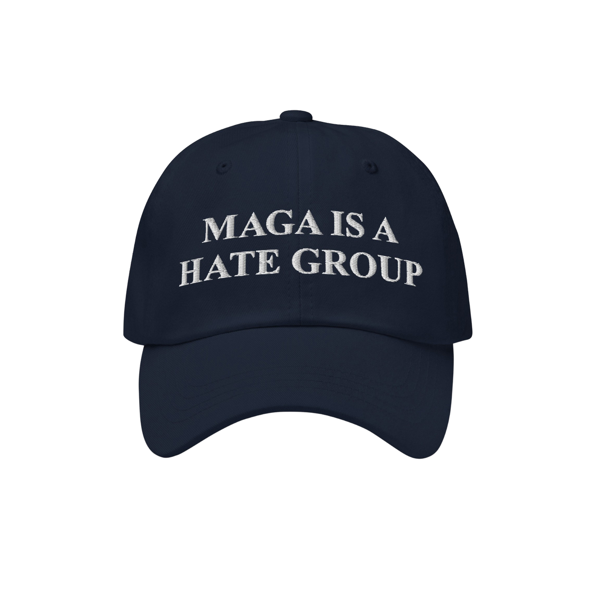 Navy-blue MAGA Is A Hate Group hat with white embroidery, designed for progressives and equality supporters. Available in var