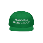 Green flat-brimmed cap with white embroidered text MAGA IS A HATE GROUP, embodying progressive values and anti-fascism. Ideal