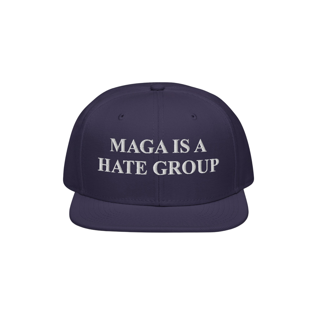 Navy-blue snapback cap with white embroidery reading MAGA Is A Hate Group, symbolizing progressive, anti-fascist, and equalit