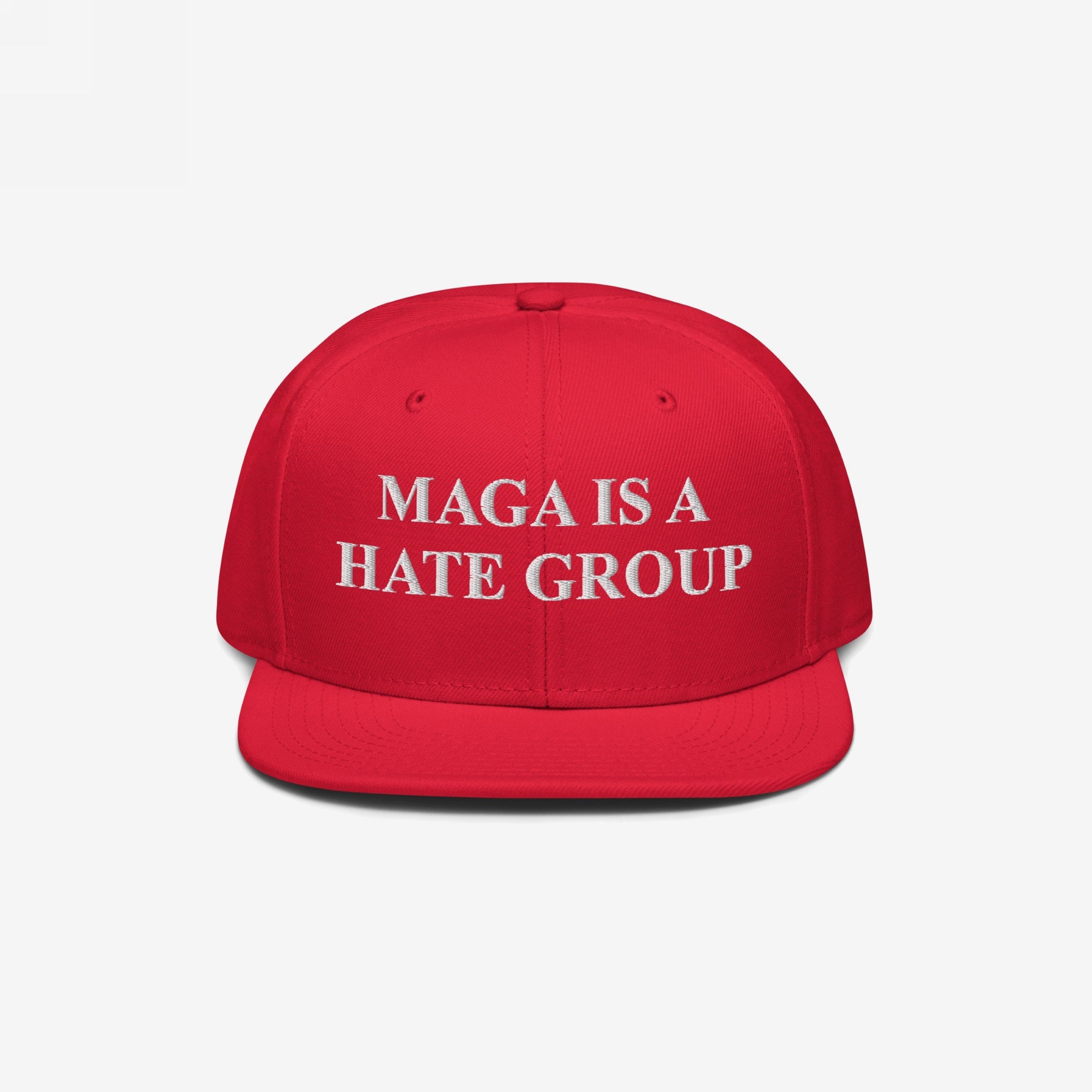 A bright red, flat-brimmed MAGA Is A Hate Group Hat with bold white embroidery, symbolizing progressive values and anti-hate sentiments, ideal for protests and advocacy for equality.
