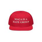 A bright red, flat-brimmed MAGA Is A Hate Group Hat with bold white embroidery, symbolizing progressive values and anti-hate 