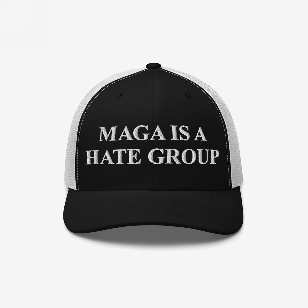 Black-and-white trucker-style cap with “MAGA IS A HATE GROUP” embroidered on the front. Ideal for progressives and equality supporters, this cap embodies anti-fascism and political activism.