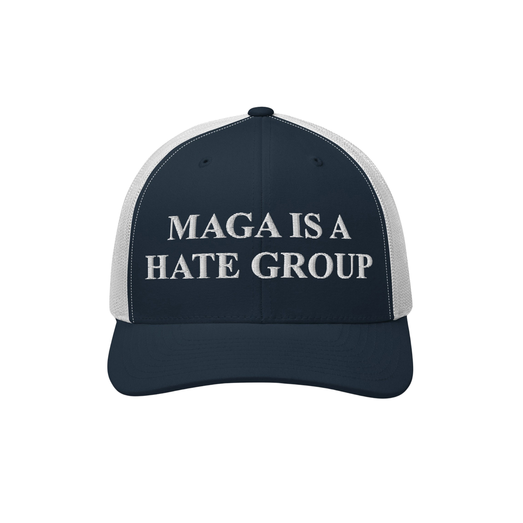 Navy-blue mesh trucker cap with MAGA IS A HATE GROUP embroidered on the front, reflecting anti-fascist and equality themes.