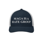 Navy-blue mesh trucker cap with MAGA IS A HATE GROUP embroidered on the front, reflecting anti-fascist and equality themes.