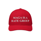 Red baseball-style cap featuring white embroidered text: MAGA Is A Hate Group. Ideal for progressives and equality supporters