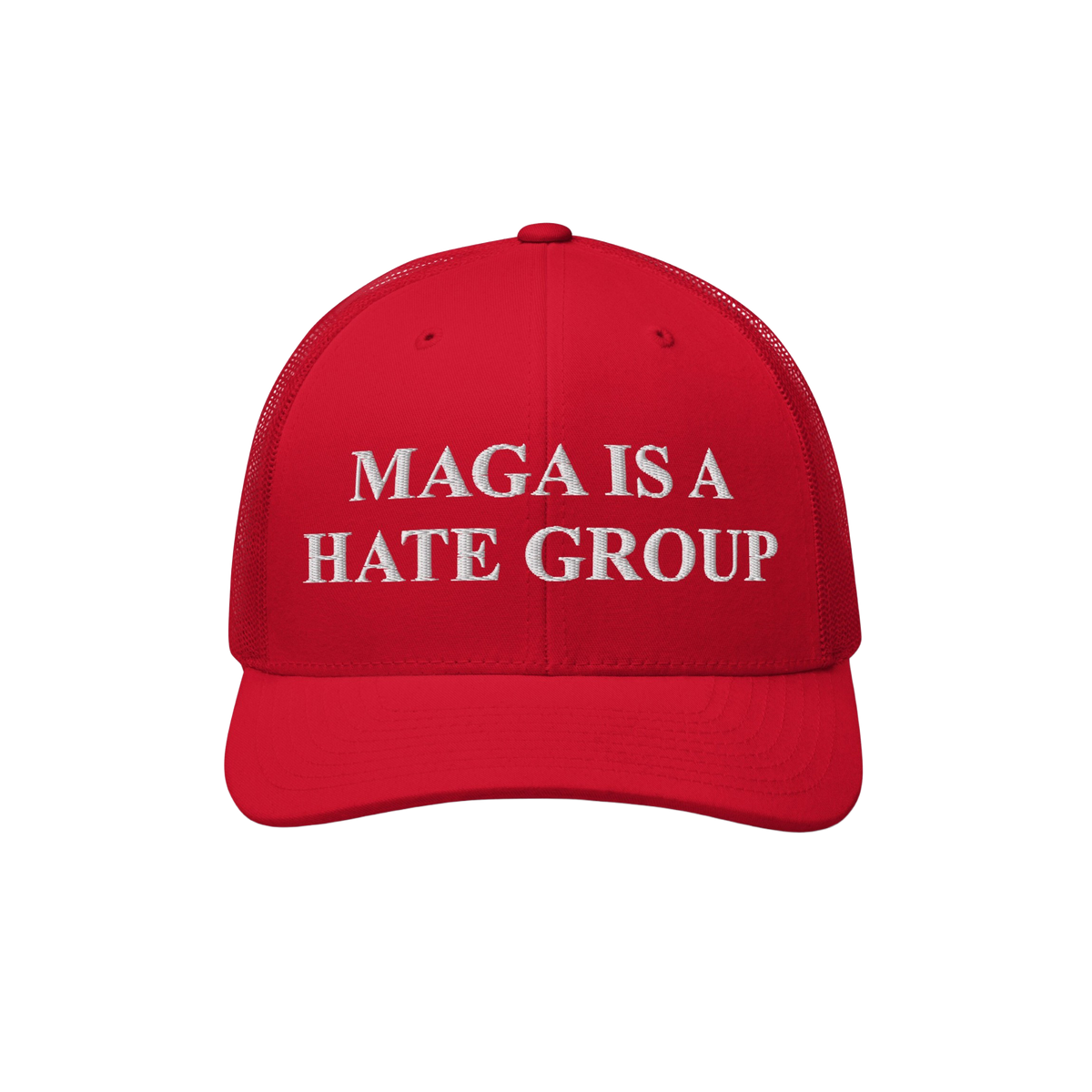 Red baseball-style cap featuring white embroidered text: MAGA Is A Hate Group. Ideal for progressives and equality supporters