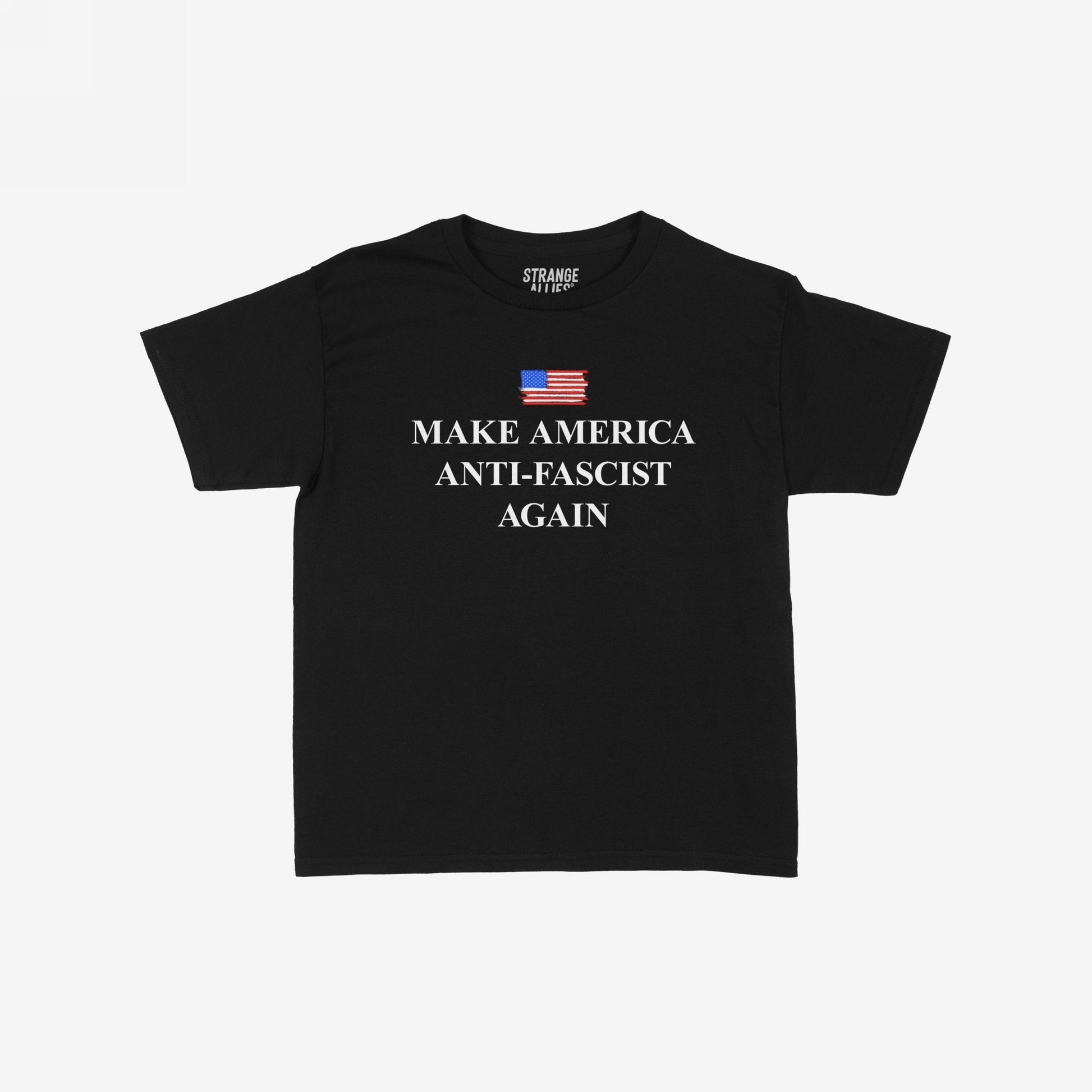 Make America Anti-Fascist Again Women's Baby Tee features a small American flag with bold, activist text, reflecting a strong stance against fascism. Brand: Strange Allies.