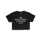 Make America Anti-Fascist Again Women's Baby Tee features a small American flag with bold, activist text, reflecting a strong