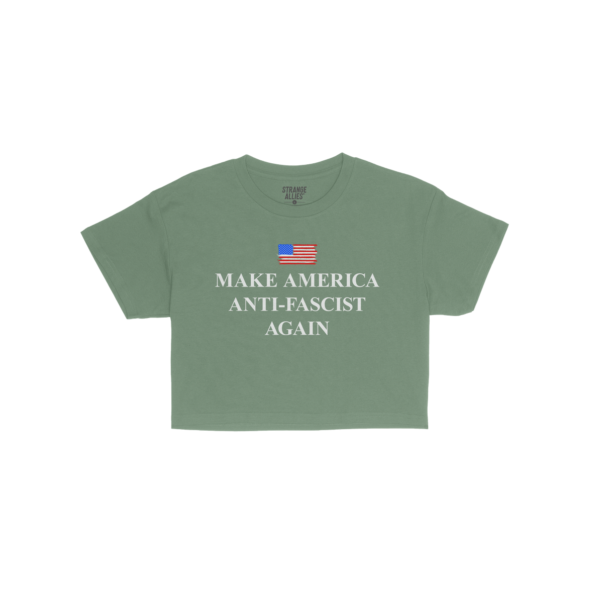 Make America Anti-Fascist Again Women's Baby Tee features a green T-shirt with a stylized American flag and bold slogan, embo