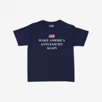 Navy-blue crew-neck T-shirt titled Make America Anti-Fascist Again Women's Baby Tee, featuring a small painted American flag and bold white slogan, embodying a statement of resistance and equality.