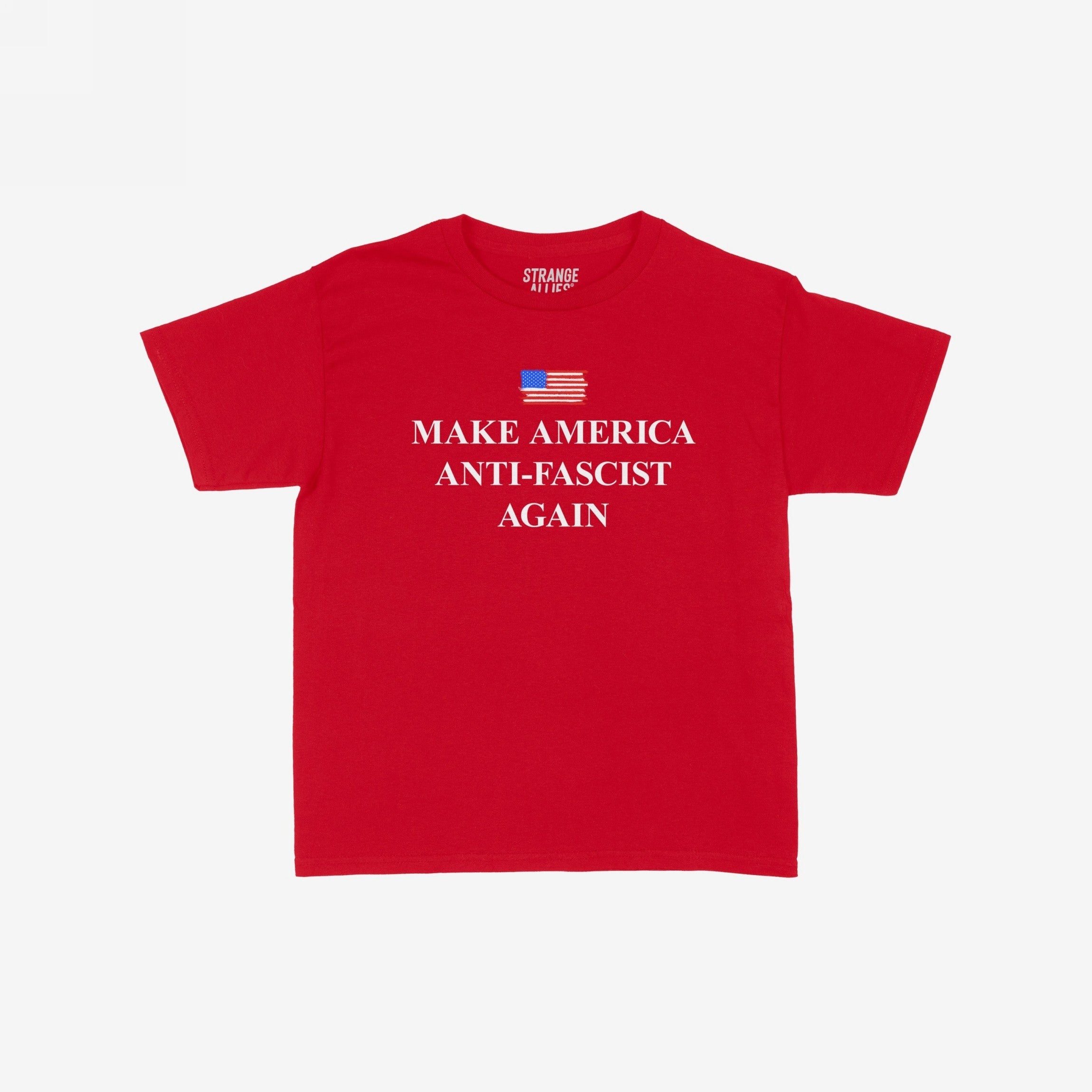 Make America Anti-Fascist Again Women's Baby Tee featuring a small U.S. flag graphic and bold slogan, embodies resistance with a retro flair, reflecting a bold stand against fascism and support for equality.
