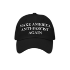 Make America Anti-Fascist Again Hat with black base and white embroidered text, expressing a strong stance against authoritar