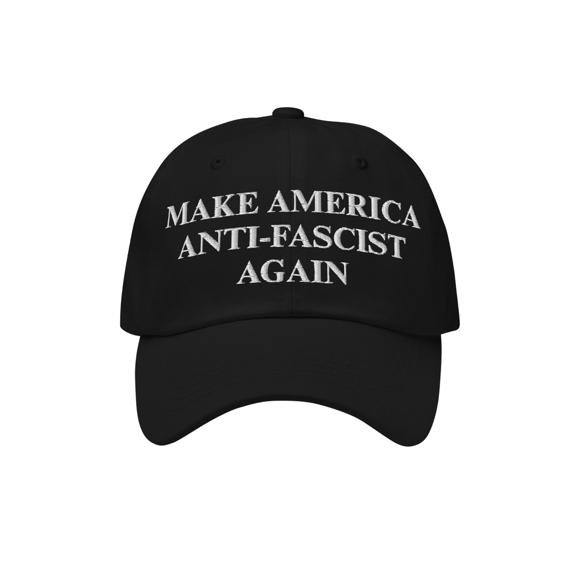 Make America Anti-Fascist Again Hat with black base and white embroidered text, expressing a strong stance against authoritar