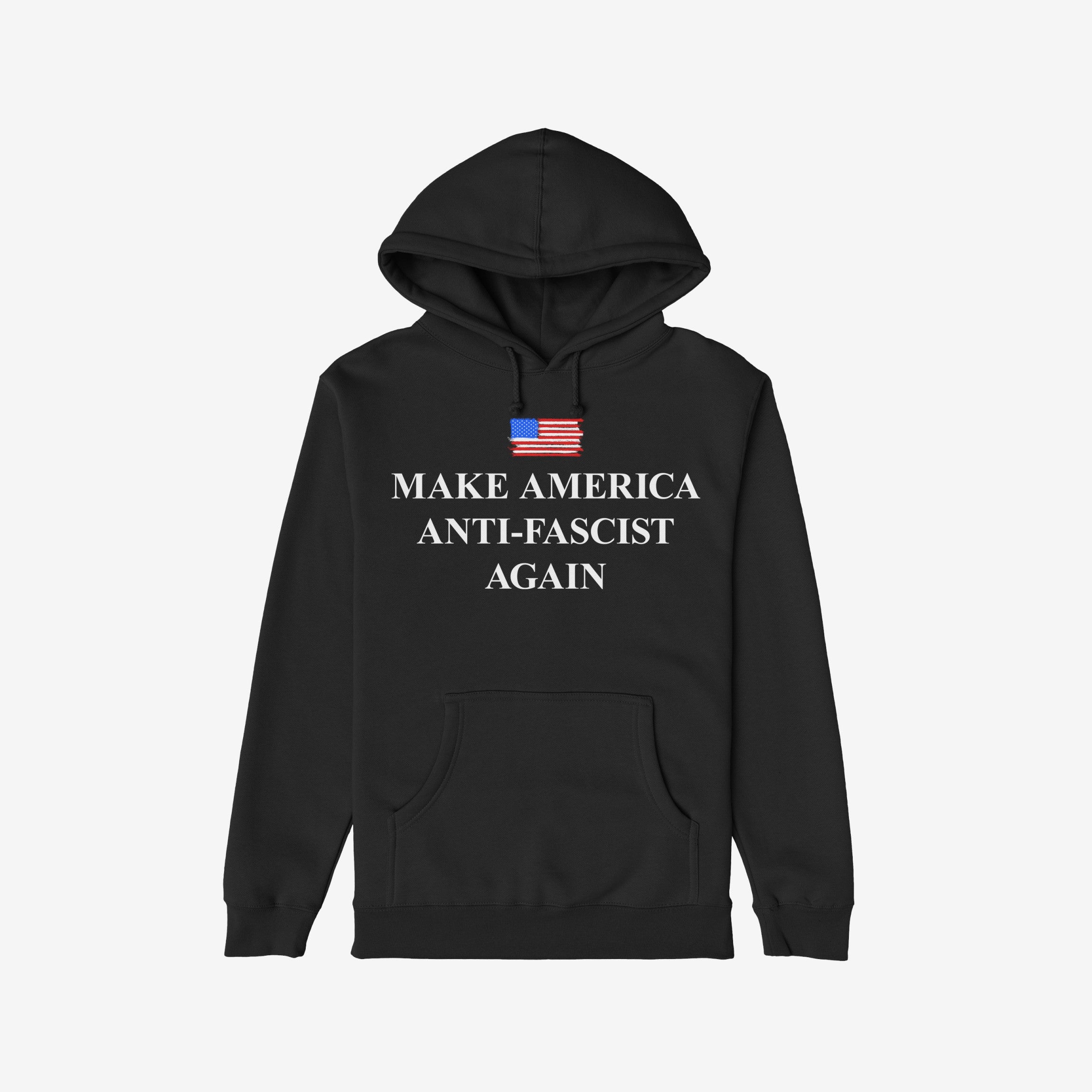 Black Make America Anti-Fascist Again hoodie featuring a brush-stroke American flag and bold slogan. Designed for those championing democracy and civil rights, aligning with progressive and anti-fascist values.