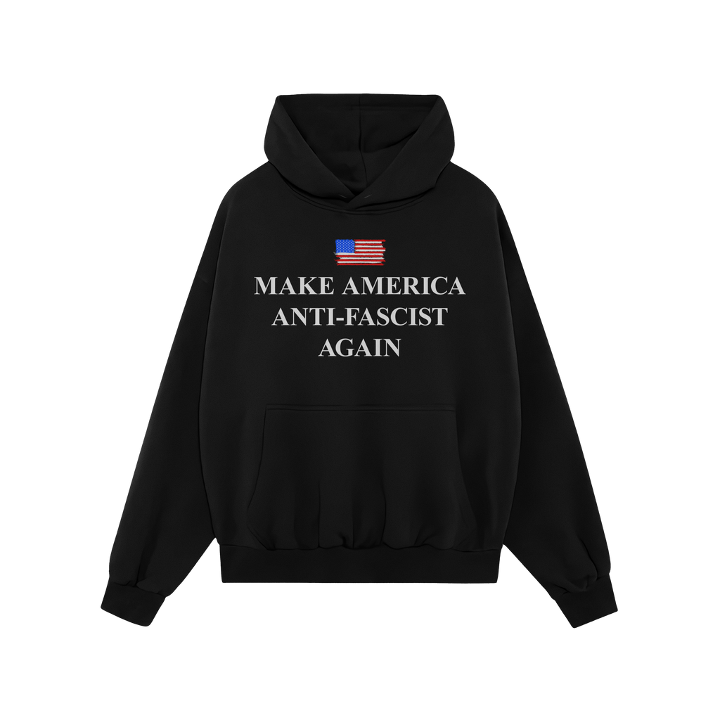 Black Make America Anti-Fascist Again hoodie featuring a brush-stroke American flag and bold slogan. Designed for those champ