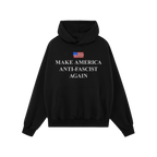 Black Make America Anti-Fascist Again hoodie featuring a brush-stroke American flag and bold slogan. Designed for those champ
