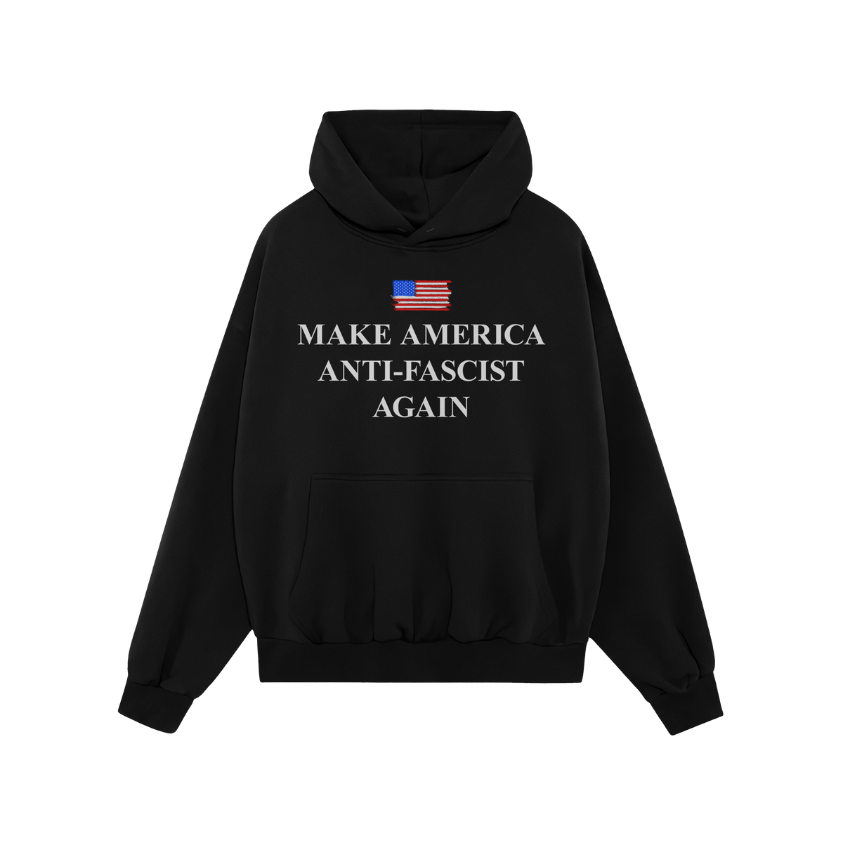 Black Make America Anti-Fascist Again hoodie featuring a brush-stroke American flag and bold slogan. Designed for those champ