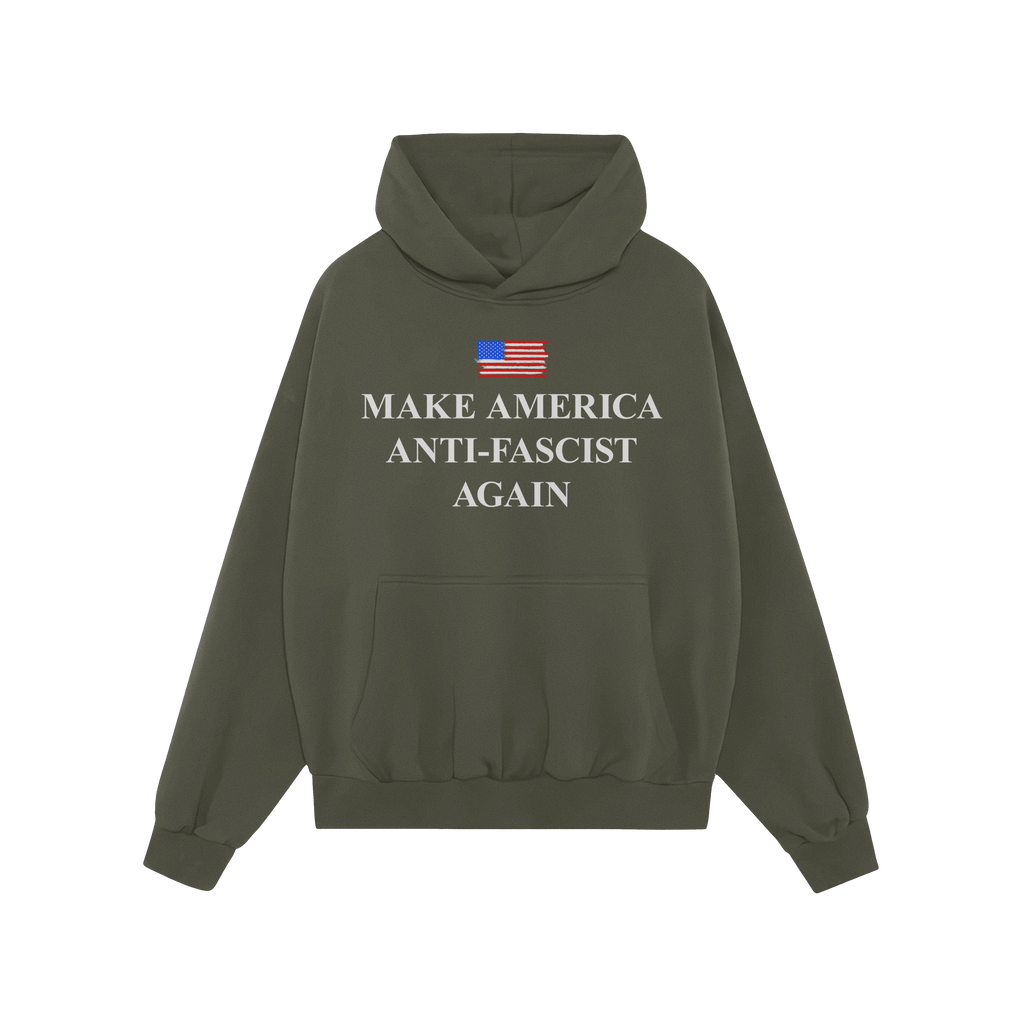 Make America Anti-Fascist Again Hoodie features a forest-green pullover design with a white slogan and an American flag graph