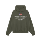 Make America Anti-Fascist Again Hoodie features a forest-green pullover design with a white slogan and an American flag graph