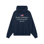 Make America Anti-Fascist Again Hoodie & Sweatshirt features a small American flag and bold slogan, promoting democracy and c
