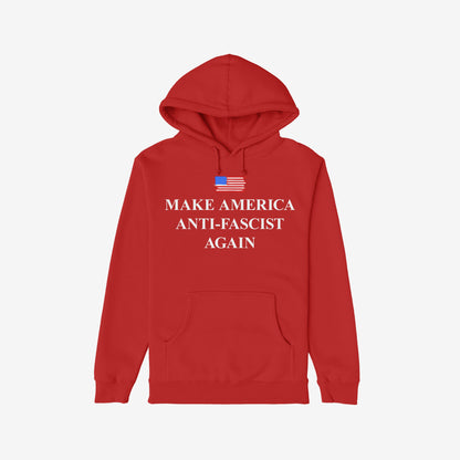 Make America Anti-Fascist Again Hoodie & Sweatshirt features a stylized flag and bold message promoting democracy and civil rights, perfectly embodying a stand against authoritarianism and supporting equality.