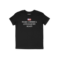 Black T-shirt featuring a distressed American flag and bold serif text: MAKE AMERICA ANTI-FASCIST AGAIN, expressing defiance 