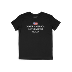 Black T-shirt featuring a distressed American flag and bold serif text: MAKE AMERICA ANTI-FASCIST AGAIN, expressing defiance 