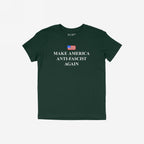 Make America Anti-Fascist Again T-shirt features a distressed American flag above bold lettering, conveying a strong anti-fascist message. Ideal for those advocating democracy and equality.