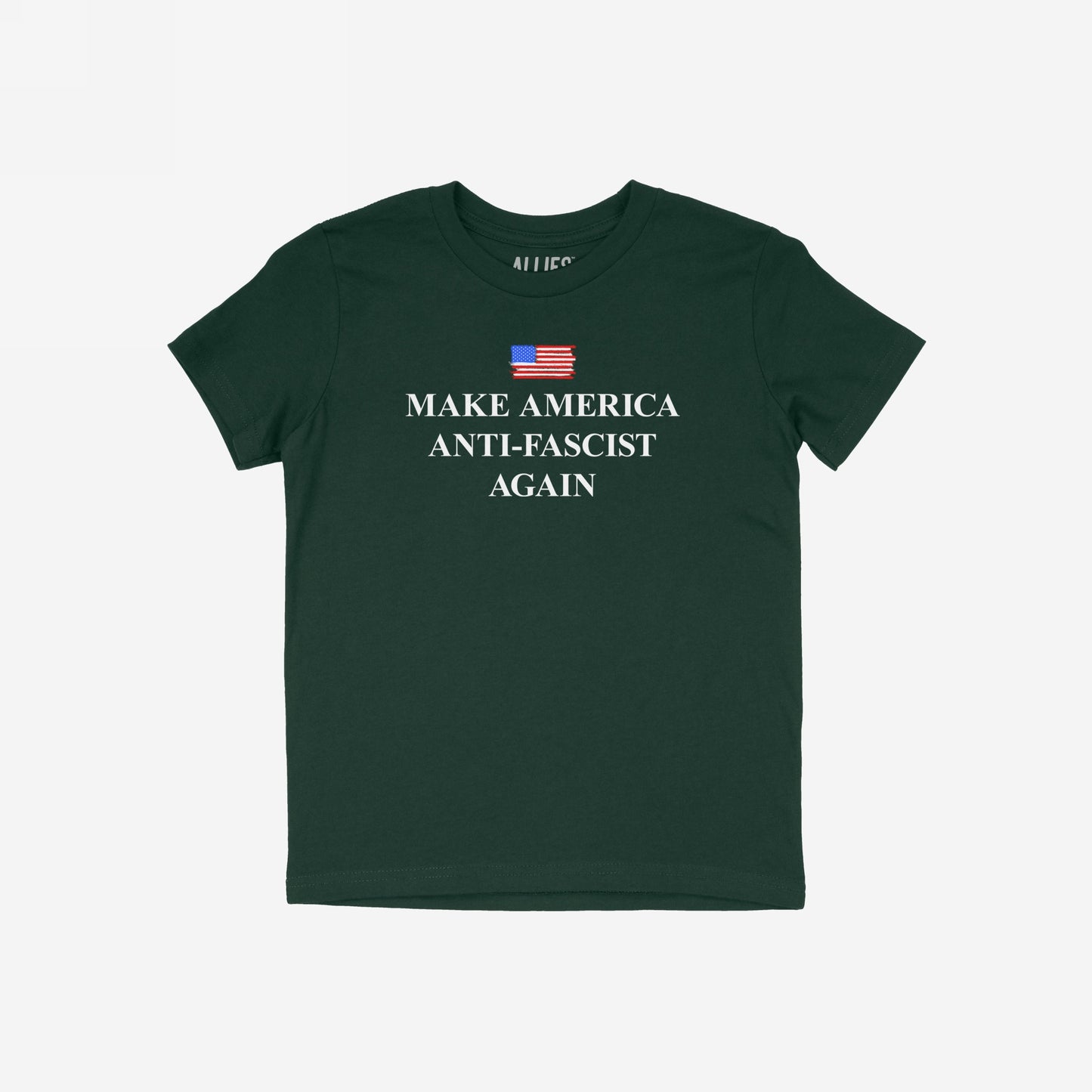 Make America Anti-Fascist Again T-shirt features a distressed American flag above bold lettering, conveying a strong anti-fascist message. Ideal for those advocating democracy and equality.