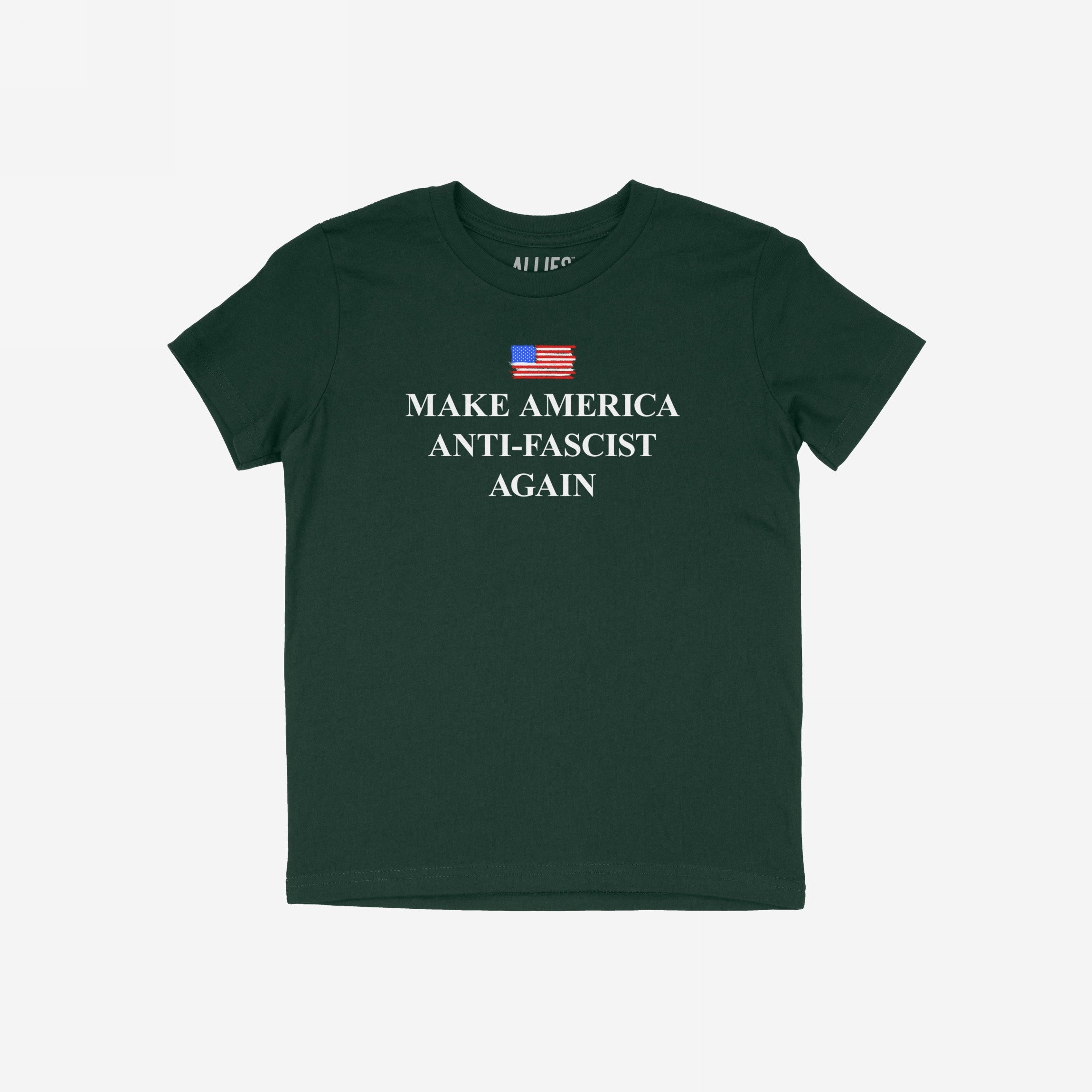 Make America Anti-Fascist Again T-shirt features a distressed American flag above bold lettering, conveying a strong anti-fascist message. Ideal for those advocating democracy and equality.