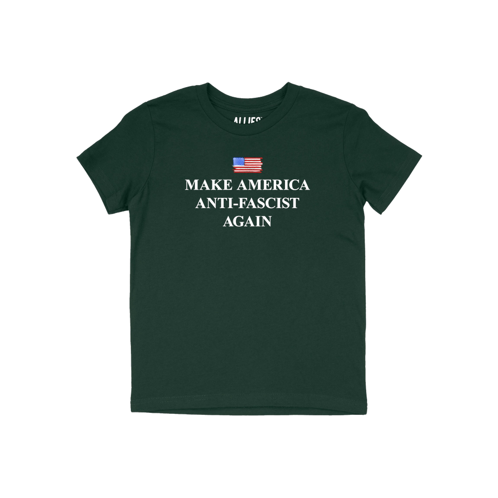 Make America Anti-Fascist Again T-shirt features a distressed American flag above bold lettering, conveying a strong anti-fas